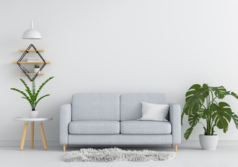 Gray sofa in white living room for mockup, 3D rendering