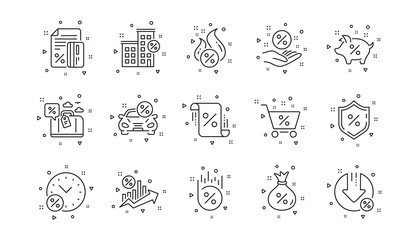 Investment, Interest rate and Percentage diagram. Loan line icons. Car leasing linear icon set. Geometric elements. Quality signs set. Vector
