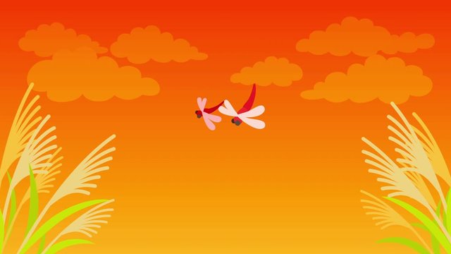 【動画】秋の夕暮れに赤トンボが飛ぶ長閑な日本の景色のアニメーション