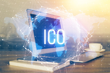 Multi exposure of blockchain theme hologram and table with computer background. Concept of bitcoin...