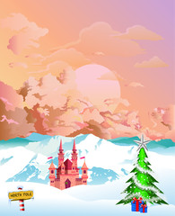 North Pole Christmas mountain scene with castle and decorated tree set against a dawn or dusk sky