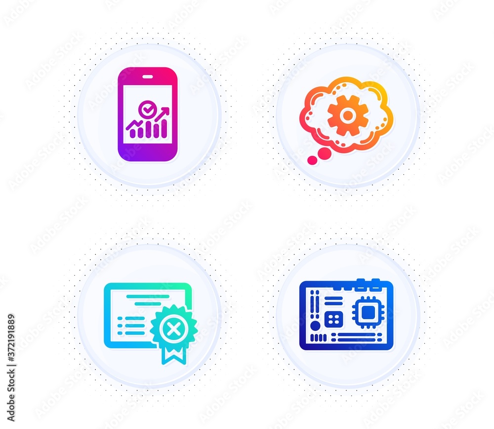 Poster reject certificate, smartphone statistics and cogwheel icons simple set. button with halftone dots. 