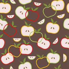 Vector seamless pattern with abstract apples and apple slices on a brown background. Pattern with fruit. Vector fruit illustration. Natural seamless texture.For fabric, textile, and Wallpaper design.