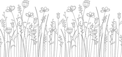 Fototapeta premium Seamless vector pattern with stylized summer flowers. Endless horizontal texture. Contour, outline.Black silhouette