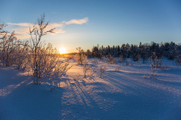 Fototapeta na wymiar Winter sunset in Nuorgam, Lapland, Finland