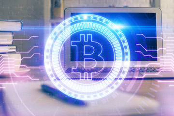 Obraz premium Multi exposure of blockchain theme hologram and table with computer background. Concept of bitcoin crypto currency.
