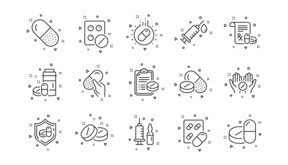 Healthcare, Prescription and Pill signs. Medical drugs line icons. Pharmacy drugs, recipe pill icons. Antibiotic capsule, syringe vaccination. Linear set. Geometric elements. Quality signs set. Vector