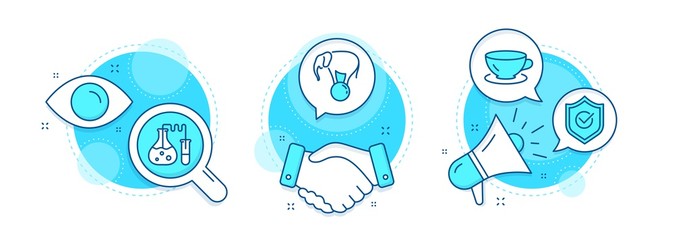 Elephant on ball, Chemistry lab and Espresso line icons set. Handshake deal, research and promotion complex icons. Approved shield sign. Circus show, Laboratory, Coffee cup. Protection. Vector