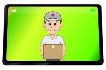 Tablet computer with friendly Courier delivering a parcel - 3D illustration