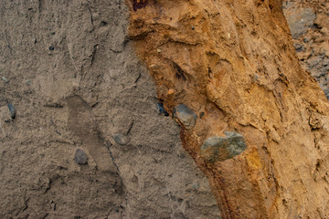 Nature background.  Soft focus of geological structure, landslide on steep coastal cliffs 