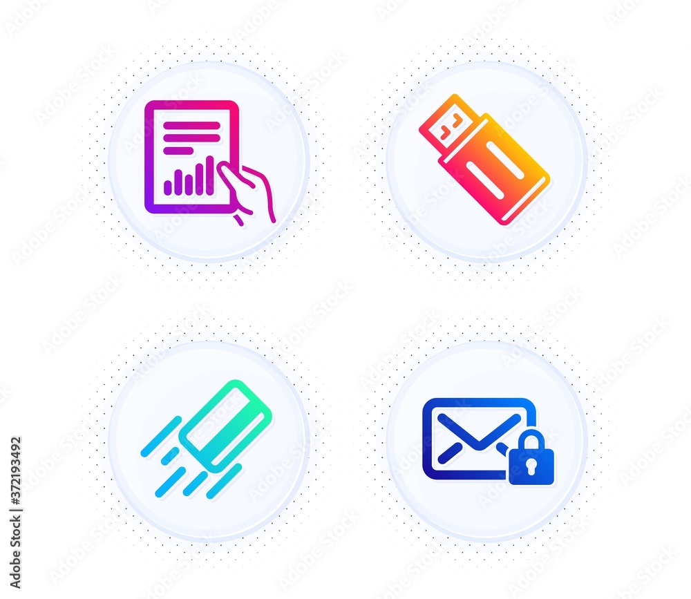 Poster document, credit card and usb flash icons simple set. button with halftone dots. secure mail sign. f