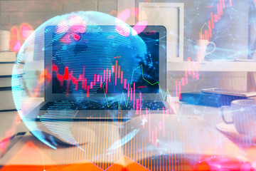 Multi exposure of business theme icons and table with computer background. Concept of success.