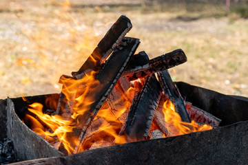 the fire in the grill, burning coals, firewood burn