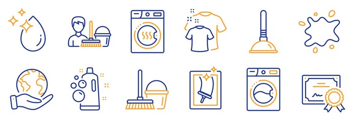 Set of Cleaning icons, such as Dryer machine, Bucket with mop. Certificate, save planet. Clean t-shirt, Plunger, Washing machine. Clean bubbles, Cleaning service, Water drop. Vector