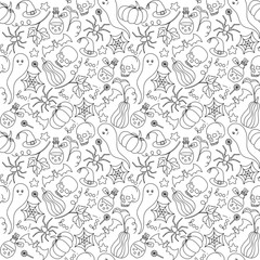 Cartoon vector hand-drawn Doodles on the subject of Halloween symbols, food and drinks seamless pattern. Contour background