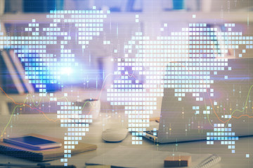 Multi exposure of business theme icons and table with computer background. Concept of success.