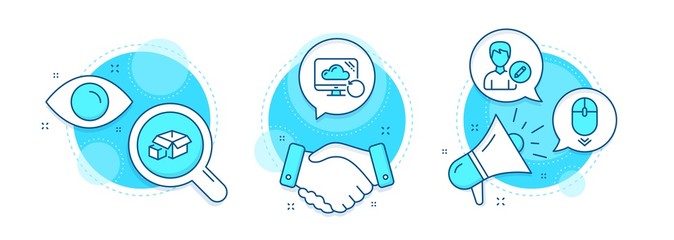 Edit person, Scroll down and Packing boxes line icons set. Handshake deal, research and promotion complex icons. Recovery cloud sign. Change user info, Mouse swipe, Delivery package. Vector