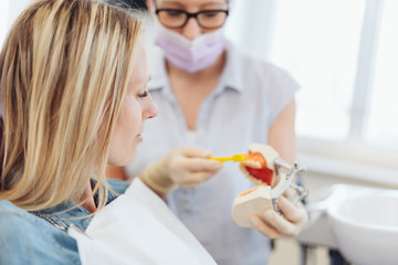 Obraz premium Dental nurse demonstrating tooth brushing