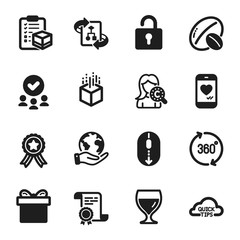 Set of Business icons, such as Wine glass, Technical algorithm. Certificate, approved group, save planet. Quick tips, 360 degrees, Augmented reality. Soy nut, Parcel checklist, Lock. Vector