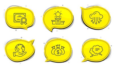 Text message sign. Diploma certificate, save planet chat bubbles. Winner podium, Check investment and Cloud storage line icons set. First place, Business report, Data service. Chat bubble. Vector