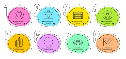 Skyscraper buildings, Parking garage and Reload signs. Timeline steps infographic. First aid, Checkbox and Organic tested line icons set. Refresh, Person symbols. Medicine kit, Approved tick. Vector