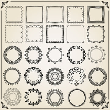 Vintage set of vector horizontal, square and round elements. Black and white elements for backgrounds, frames and monograms. Classic patterns. Set of vintage patterns