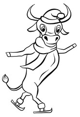 Bull cow on skates flat vector animal, sketch bull making winter sport, outdoor winter activity, human like cow skating 2021 symbol