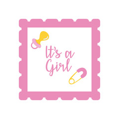 baby shower frame card with pacifier and lettering its a girl hand draw style