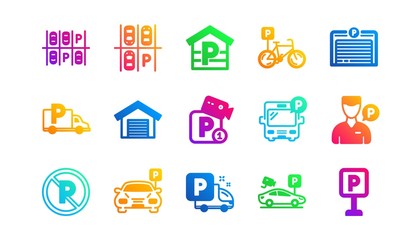Garage, Valet servant and Paid parking. Parking icons. Car transport park place classic icon set. Gradient patterns. Quality signs set. Vector