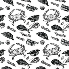 Vector Illustration of rolls, sushi and seafood in the sketch style. Detailed drawing of images with a line in black and white. For menus, banners, icons, stickers, and any other directions. Seamless 