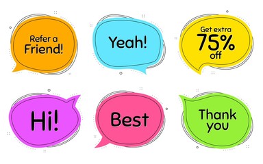 Best, 75% discount and refer friend. Thought chat bubbles. Thank you, hi and yeah phrases. Sale shopping text. Chat messages with phrases. Colorful texting thought bubbles. Vector