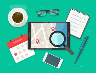 Searching road map location destination route vector flat illustration, reviewing trip travel direction on city navigation digital tablet computer, exploring roadmap, find street place on workplace