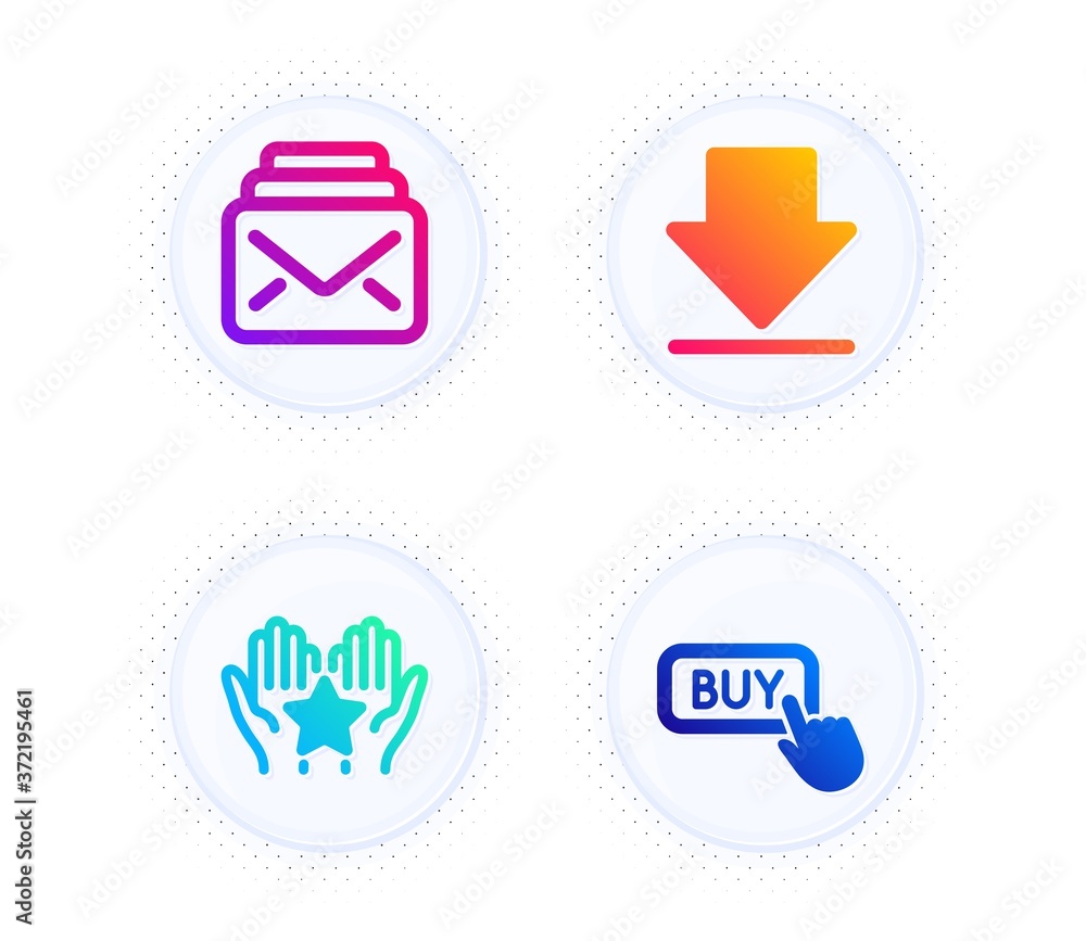 Poster ranking, downloading and mail icons simple set. button with halftone dots. buy button sign. hold sta
