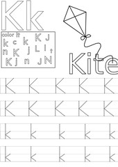 Letter K worksheet for Kindergarten.Alphabet tracing sheet a-z.Illustration for teachers.Exercises for kids.Back to school.Coloring book.Printable worksheet for children.Kite vector illustration.