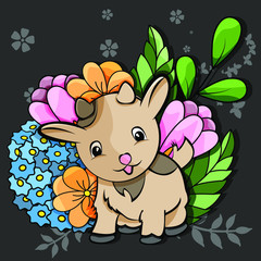 Hand drawn vector mega doodle with spring theme. Cute goat with flowers
