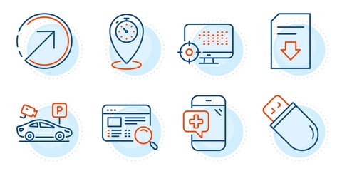 Download file, Timer and Seo signs. Usb stick, Medical phone and Parking security line icons set. Direction, Website search symbols. Memory flash, Mobile medicine. Technology set. Vector