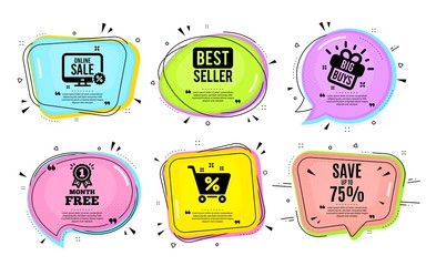 Save up to 75%. Big buys, online shopping. Discount Sale offer price sign. Special offer symbol. Quotation bubble. Banner badge, texting quote boxes. Discount text. Coupon offer. Vector