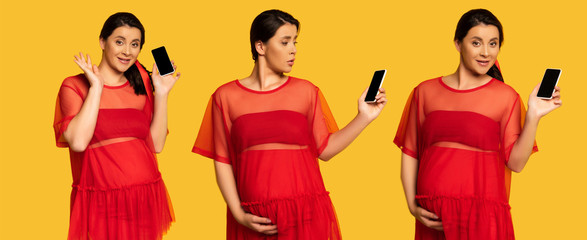 collage of pregnant woman waving hand and touching belly while holding smartphone with blank screen on yellow, panoramic concept