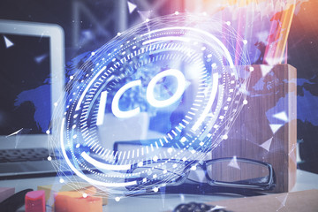 Crypto theme hologram with glasses on the table background. Concept of blockchain. Double exposure.