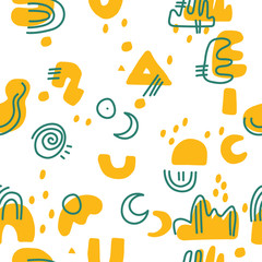 Abstract background. Hand drawn various shapes and doodle objects. Contemporary modern trendy vector illustration. Seamless pattern.