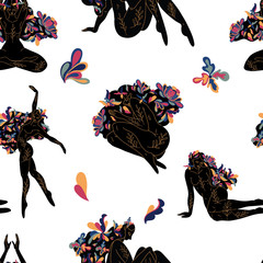 Materiał do szycia Vector seamless pattern with woman and flowers. Illustration with flowers can be used for wallpapers, pattern fills, web page backgrounds,surface textures. Gorgeous floral arrangement