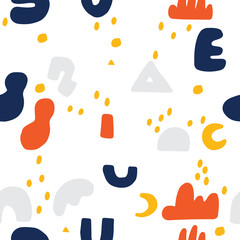 Abstract background. Hand drawn various shapes and doodle objects. Contemporary modern trendy vector illustration. Seamless pattern.