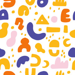 Abstract background. Hand drawn various shapes and doodle objects. Contemporary modern trendy vector illustration. Seamless pattern.