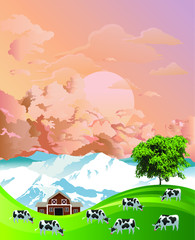 Picturesque rural scene with a herd of cows grazing on summer mountainous lowland pastures set against a dawn or dusk sky