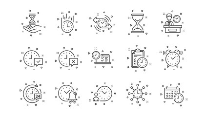 Calendar, Time management and Delivery. Time line icons. Hourglass linear icon set. Geometric elements. Quality signs set. Vector
