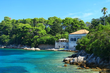 Beautiful old house on Adriatic sea coast, Island Kolocep near Dubrovnik, famous touristic destination in Croatia