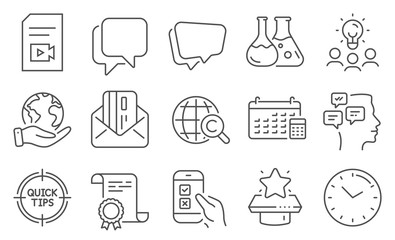 Fototapeta premium Set of Education icons, such as Tips, Winner podium. Diploma, ideas, save planet. International Ð¡opyright, Calendar, Speech bubble. Video file, Mobile survey, Chemistry lab. Vector