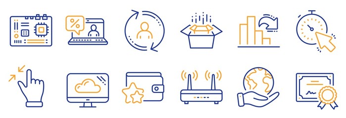 Set of Technology icons, such as Motherboard, Wifi. Certificate, save planet. Cloud storage, User info, Timer. Loyalty program, Decreasing graph, Touchscreen gesture. Vector