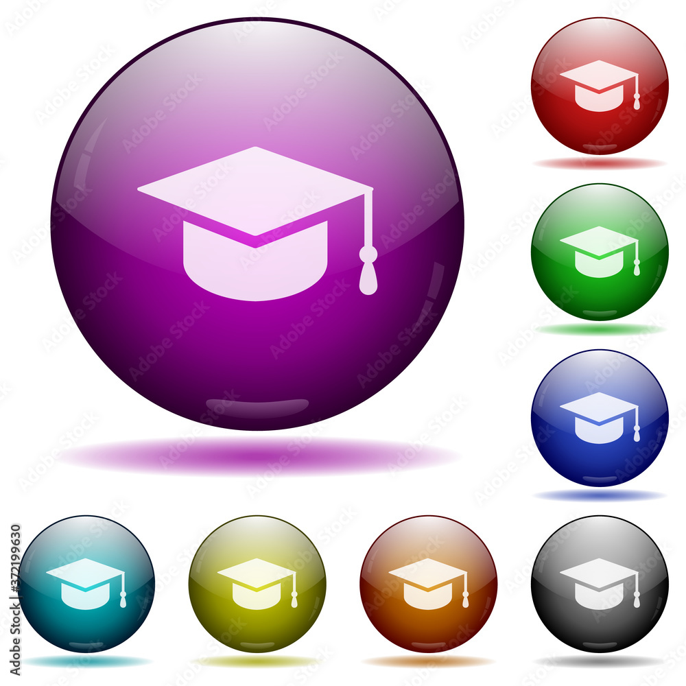 Sticker graduation cap icon in glass sphere buttons