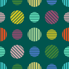 Striped round shapes of red, blue, yellow, orange, purple colors on turquoise background. Seamless geometry abstract pattern. Suitable for wrapping, textile, wallpaper.